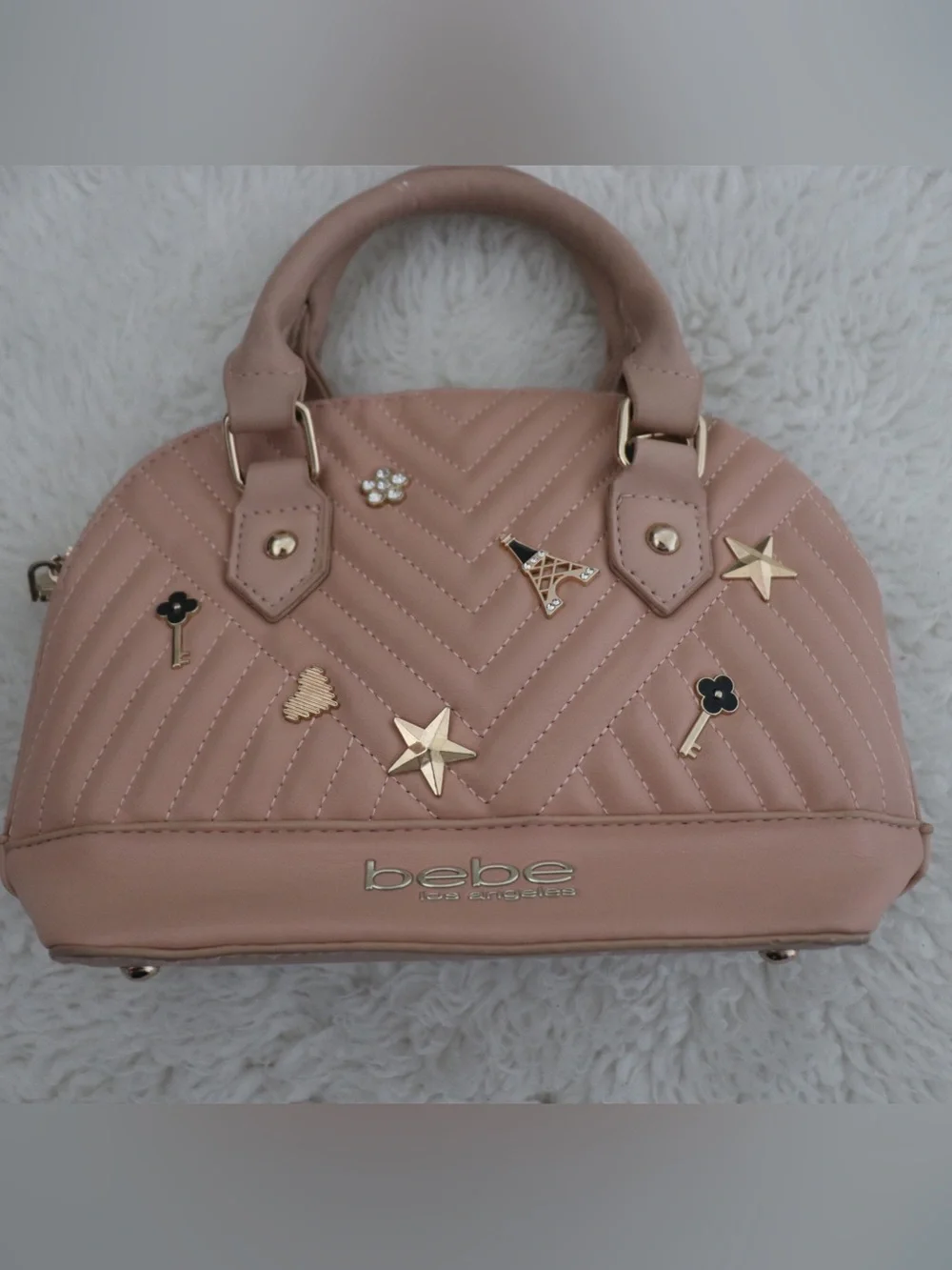 bebe Quilted Satchel with Gold-Tone Charms - Blush
